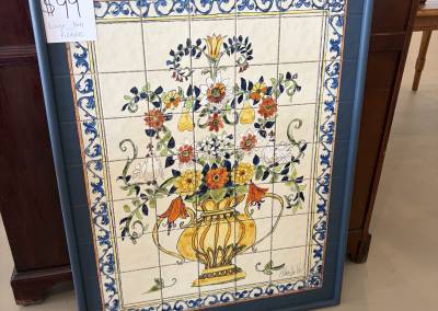 $99.99 Large Navy Blue Ceramic Tile Picture with Flowers in a Vase