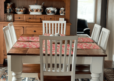 Custom made table and 6 chairs. This is a picture from one of our sweet customers.