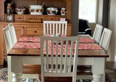 Custom made table and 6 chairs. This is a picture from one of our sweet customers.