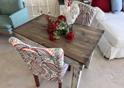 Custom made distressed table with custom order parsons chairs